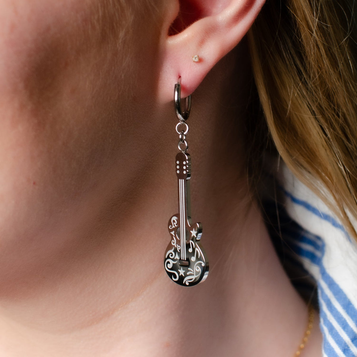 Grand Ole Opry Stainless Steel Silver Guitar Earrings