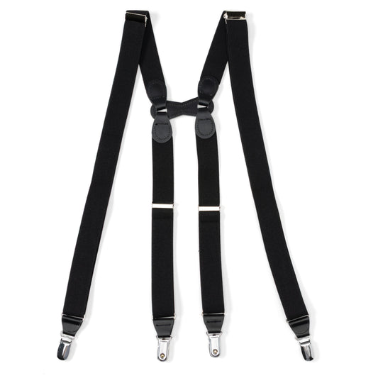 Black Leather/Silver Clip X Back Suspenders