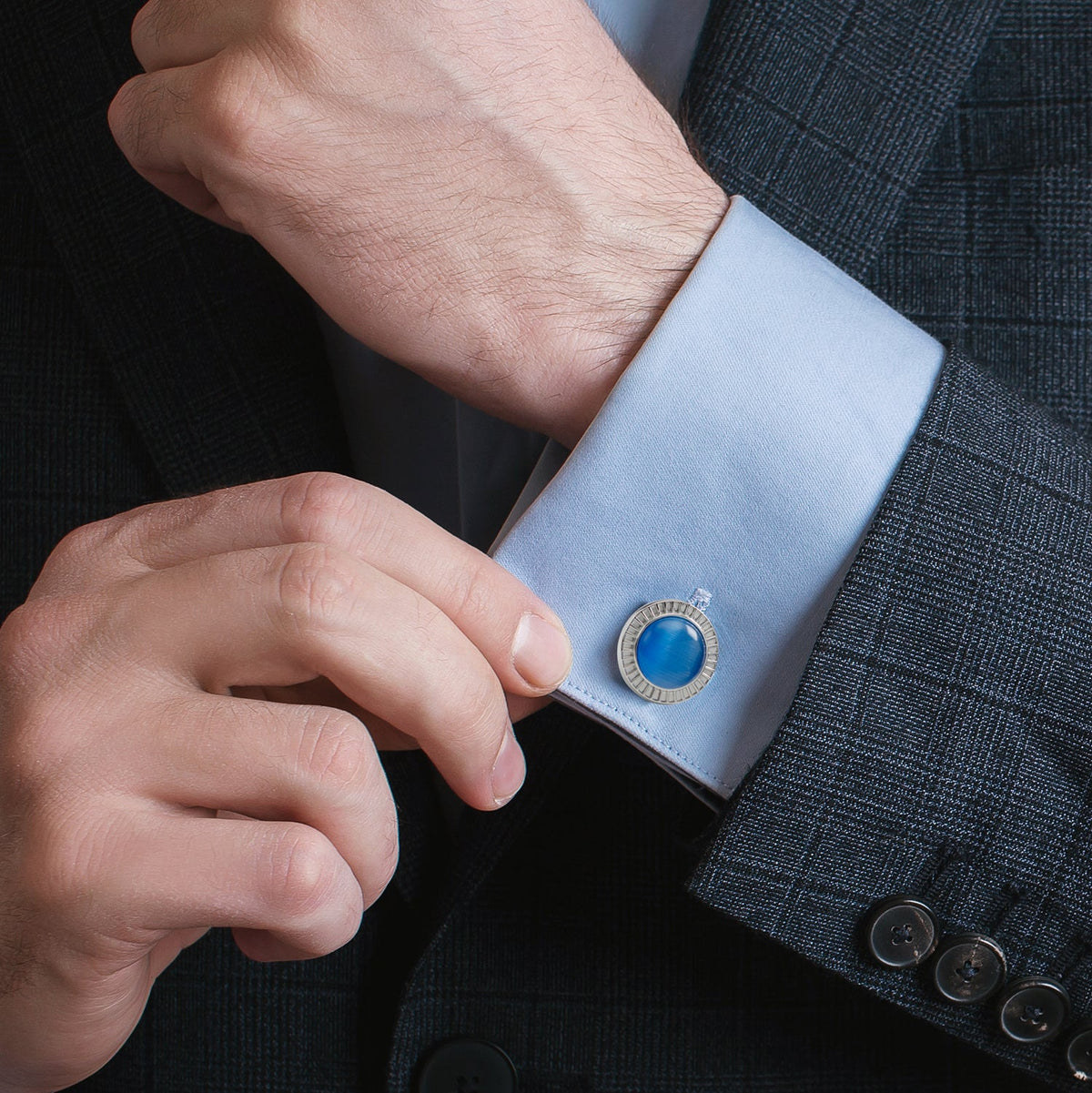 Radiant Blue Cat’s-Eye Stone Stainless Steel Cufflinks