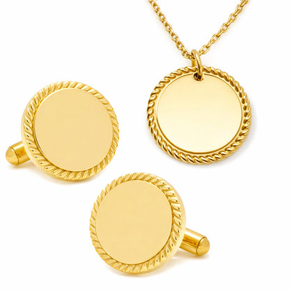 Stainless Steel Gold Engravable Rope Border Edge Necklace and Cufflinks Gift Set