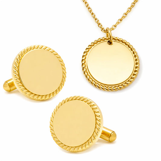 Stainless Steel Gold Engravable Rope Border Edge Necklace and Cufflinks Gift Set