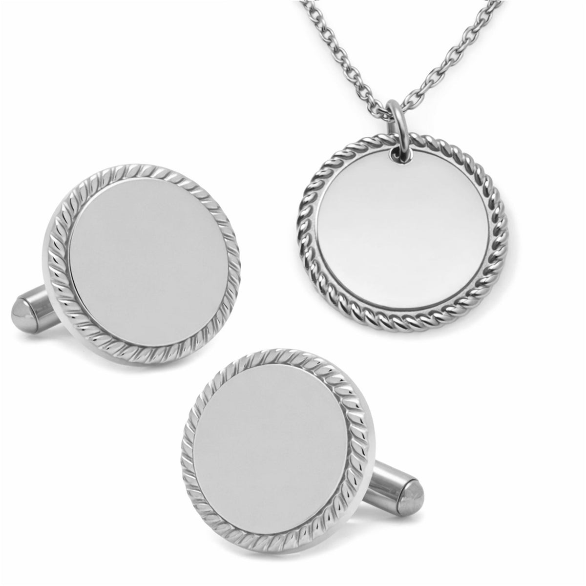 Stainless Steel Engravable Rope Border Edge Necklace and Cufflinks Gift Set