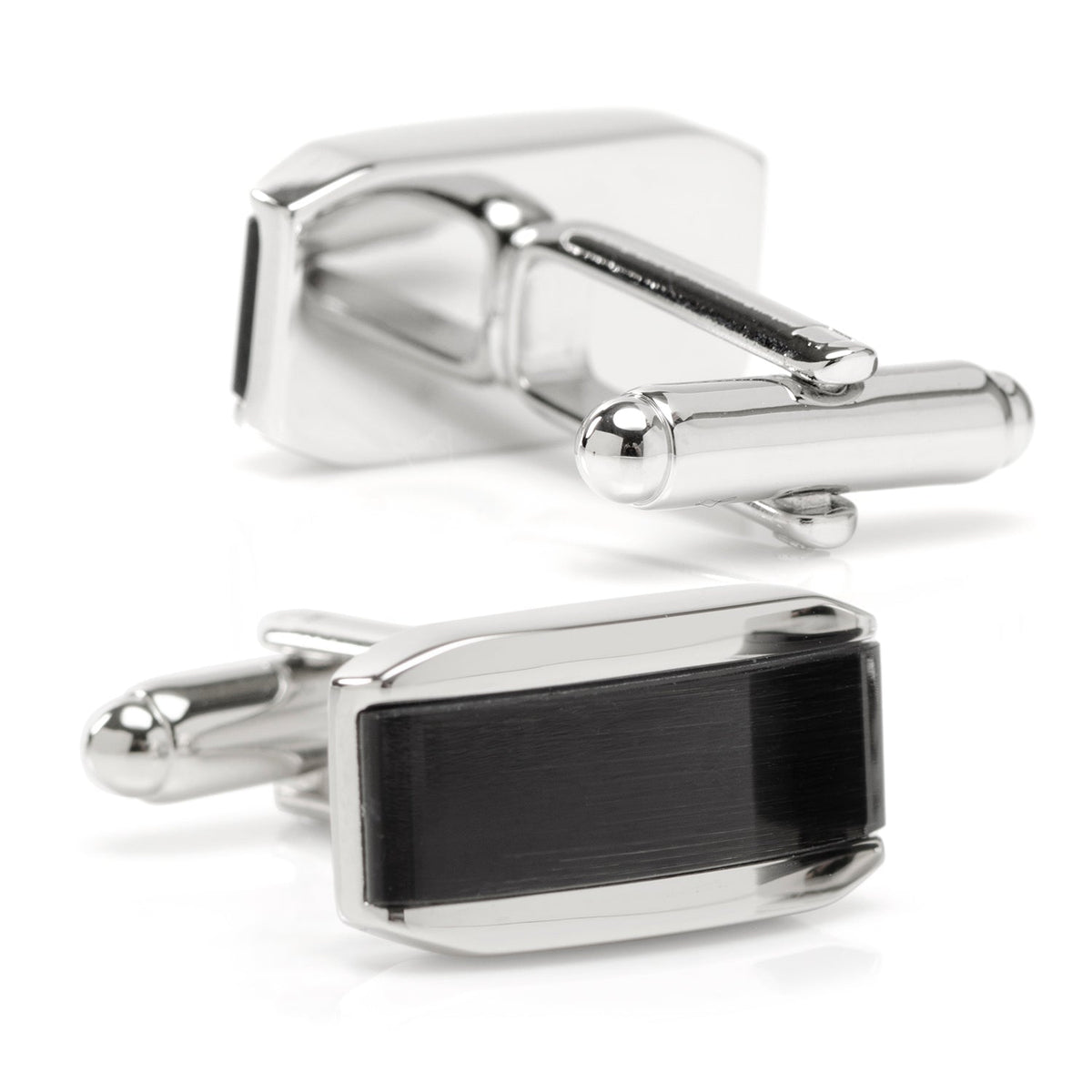 Silver Rectangular Cufflink with Dark Gray Cat’s-Eye Stone