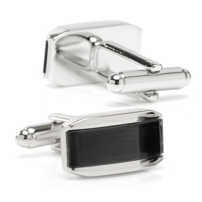 Silver Rectangular Cufflink with Dark Gray Cat’s-Eye Stone