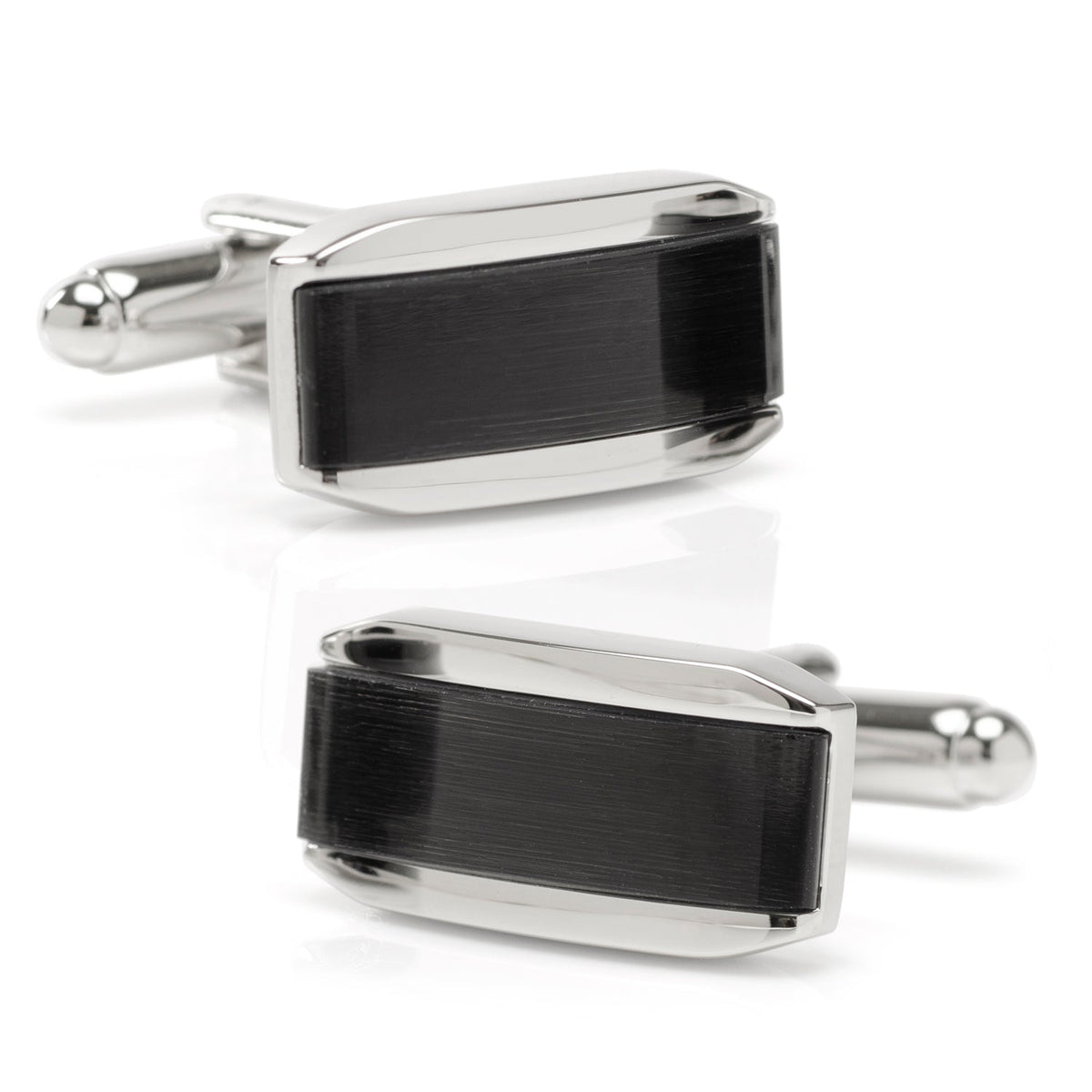 Silver Rectangular Cufflink with Dark Gray Cat’s-Eye Stone