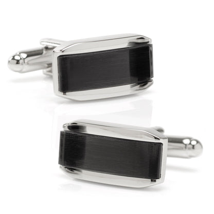 Silver Rectangular Cufflink with Dark Gray Cat’s-Eye Stone