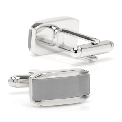 Silver Rectangular Cufflink with Gray Cat’s-Eye Stone