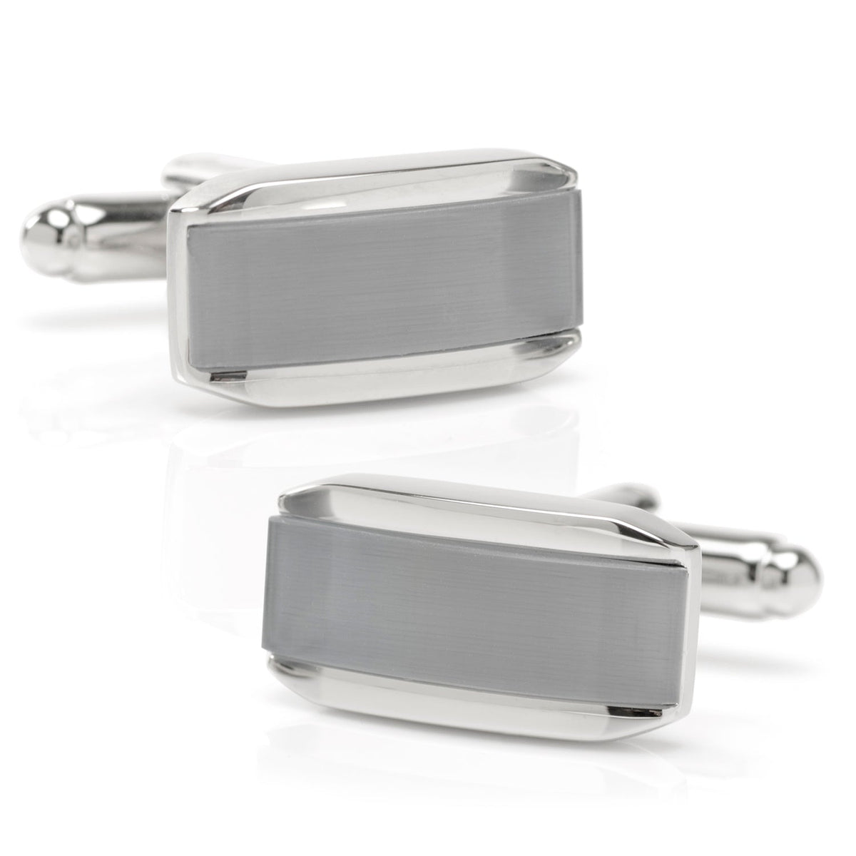 Silver Rectangular Cufflink with Gray Cat’s-Eye Stone